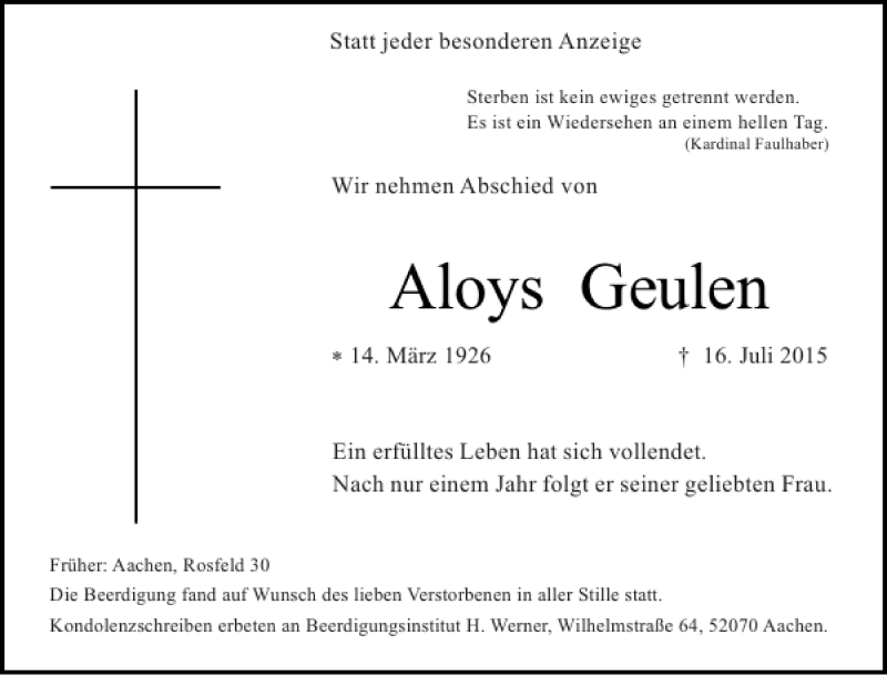  Traueranzeige für Aloys Geulen vom 25.07.2015 aus Aachener Zeitung / Aachener Nachrichten