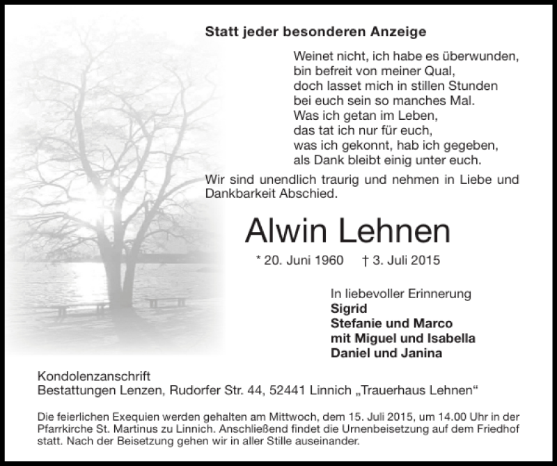  Traueranzeige für Alwin Lehnen vom 12.07.2015 aus Super Sonntag / Super Mittwoch