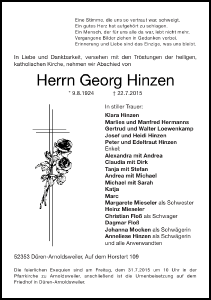  Traueranzeige für Georg Hinzen vom 26.07.2015 aus Super Sonntag / Super Mittwoch