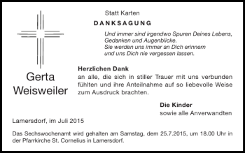 Traueranzeige von Gerta Weisweiler von Super Sonntag / Super Mittwoch