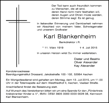 Traueranzeige von Karl Blankenheim von Aachener Zeitung / Aachener Nachrichten