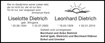 Traueranzeige von Liselotte Dietrich Leonhard Dietrich von Super Sonntag / Super Mittwoch