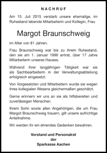 Traueranzeige von Margot Braunschweig von Aachener Zeitung / Aachener Nachrichten