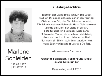Traueranzeige von Marlene Schleiden von Super Sonntag / Super Mittwoch