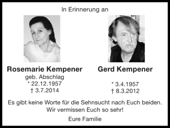 Traueranzeige von Rosemarie Kempener Gerd Kempener von Super Sonntag / Super Mittwoch