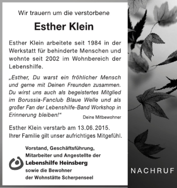 Traueranzeige von und Angestellte der Bewohner der Wohnstätte Scherpenseel  von Super Sonntag / Super Mittwoch
