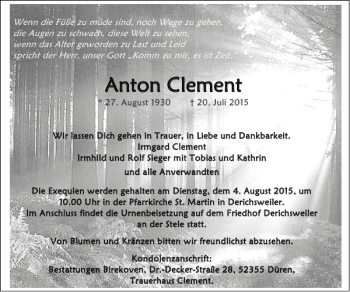 Traueranzeige von Anton Anton Clement Clement von Super Sonntag / Super Mittwoch