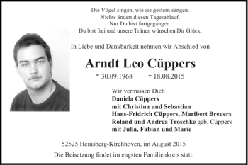 Traueranzeige von Arndt Leo Cüppers von Super Sonntag / Super Mittwoch