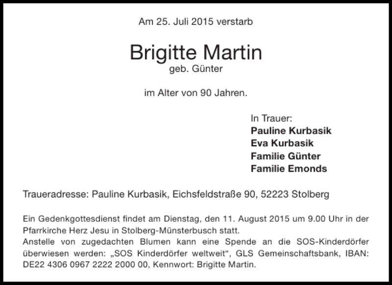  Traueranzeige für Brigitte Martin vom 01.08.2015 aus Aachener Zeitung / Aachener Nachrichten