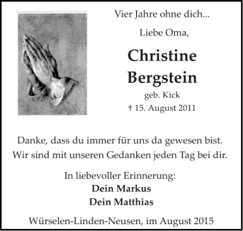 Traueranzeige von Christine Bergstein von Super Sonntag / Super Mittwoch