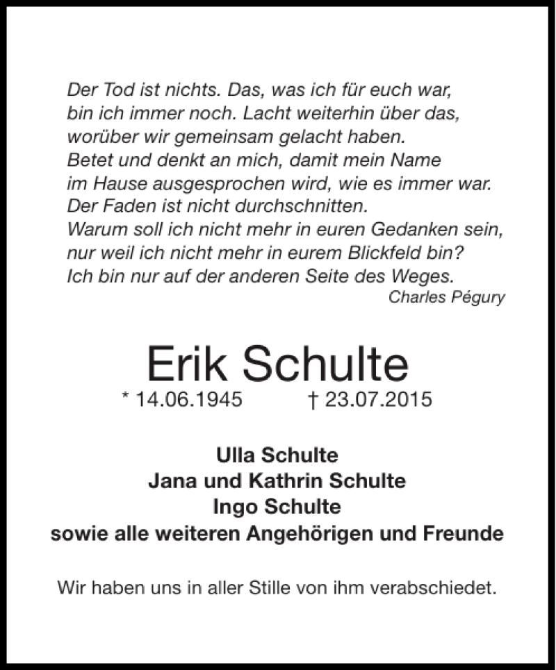  Traueranzeige für Erik Schulte vom 01.08.2015 aus Aachener Zeitung / Aachener Nachrichten