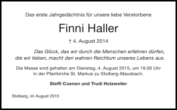 Traueranzeige von Finni Haller von Super Sonntag / Super Mittwoch