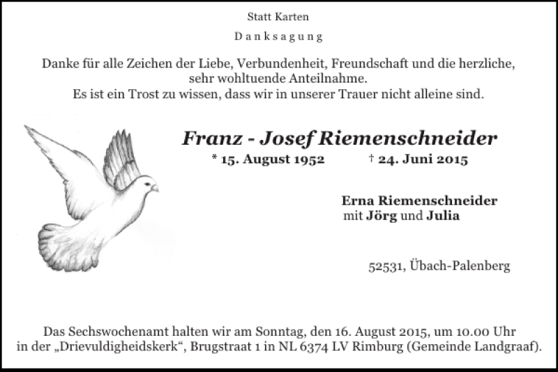  Traueranzeige für Franz-Josef Riemenschneider vom 09.08.2015 aus Super Sonntag / Super Mittwoch