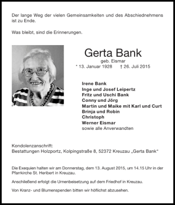Traueranzeige von Gerta Bank von Super Sonntag / Super Mittwoch