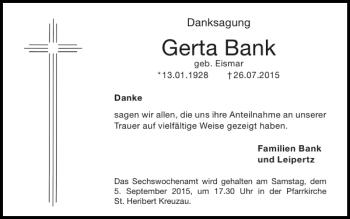 Traueranzeige von Gerta Bank von Super Sonntag / Super Mittwoch