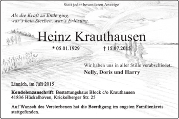 Traueranzeige von Heinz Krauthausen von Super Sonntag / Super Mittwoch