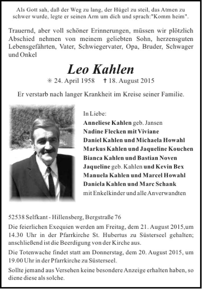  Traueranzeige für Leo Kahlen vom 20.08.2015 aus Aachener Zeitung / Aachener Nachrichten