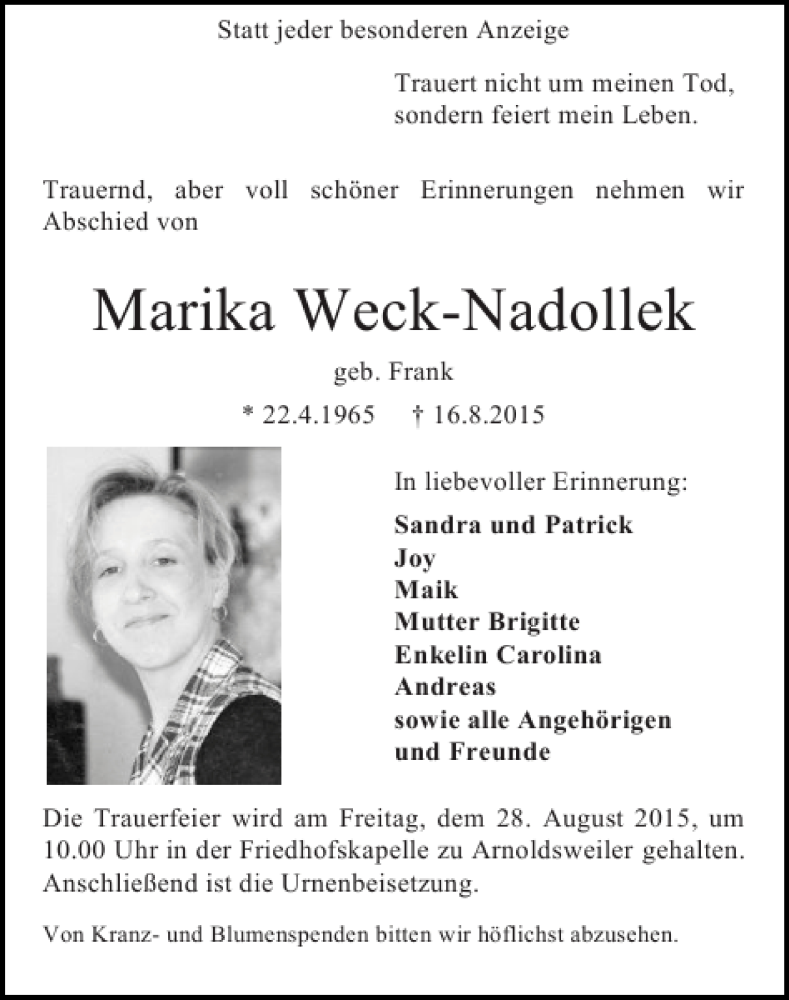  Traueranzeige für Marika Weck-Nadollek vom 23.08.2015 aus Super Sonntag / Super Mittwoch
