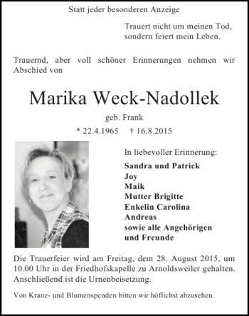 Traueranzeige von Marika Weck-Nadollek von Super Sonntag / Super Mittwoch