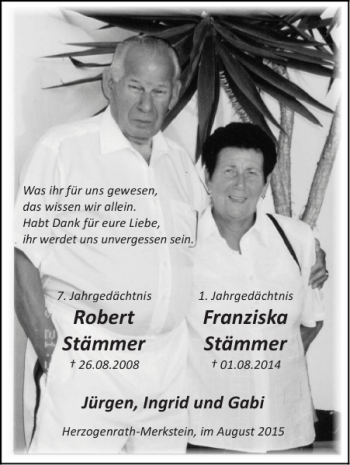 Traueranzeige von Robert Stämmer Franziska Stämmer von Super Sonntag / Super Mittwoch