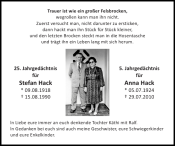 Traueranzeige von Stefan Hack Anna Hack von Super Sonntag / Super Mittwoch