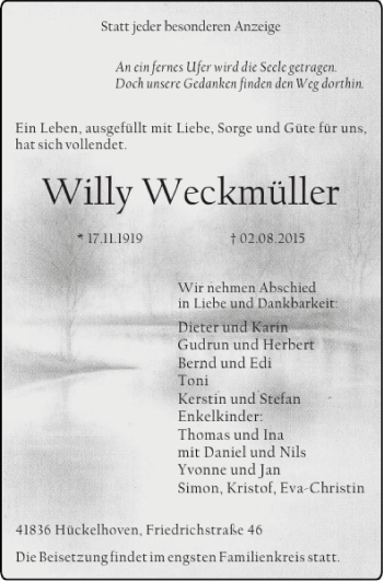 Traueranzeige von Willy Weckmüller von Super Sonntag / Super Mittwoch