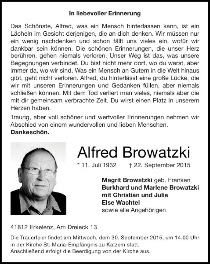  Traueranzeige für Alfred Browatzki vom 27.09.2015 aus Super Sonntag / Super Mittwoch