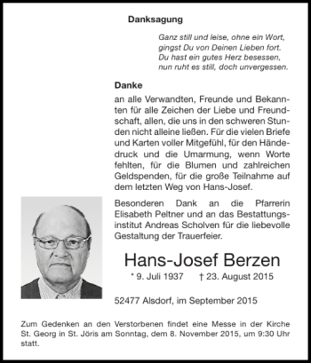 Traueranzeige von Hans-Josef Berzen von Super Sonntag / Super Mittwoch