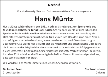 Traueranzeige von Hans Müntz von Super Sonntag / Super Mittwoch