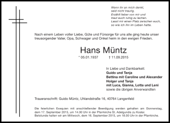 Traueranzeige von Hans Müntz von Aachener Zeitung / Aachener Nachrichten