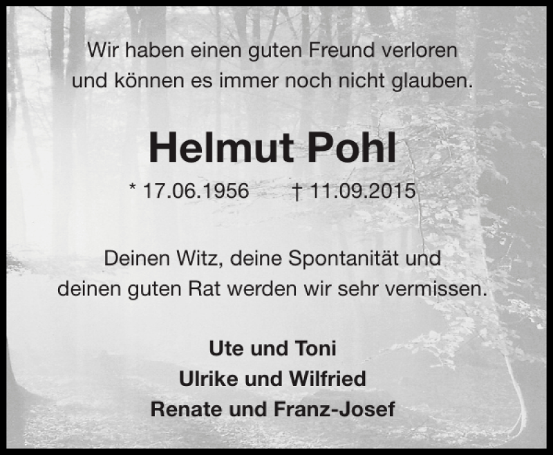  Traueranzeige für Helmut Pohl vom 19.09.2015 aus Aachener Zeitung / Aachener Nachrichten