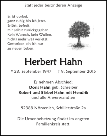 Traueranzeige von Herbert Herbert Hahn Hahn von Super Sonntag / Super Mittwoch