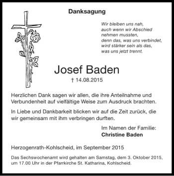 Traueranzeige von Josef Baden von Super Sonntag / Super Mittwoch