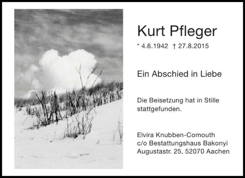  Traueranzeige für Kurt Pfleger vom 05.09.2015 aus Aachener Zeitung / Aachener Nachrichten
