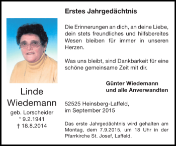 Traueranzeige von Linde Wiedemann von Super Sonntag / Super Mittwoch