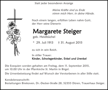 Traueranzeige von Marga Margaret rete Steiger e Steiger  von Super Sonntag / Super Mittwoch