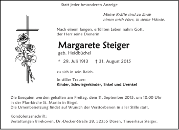 Traueranzeige von Marga Margaret rete Steiger e Steiger  von Aachener Zeitung / Aachener Nachrichten