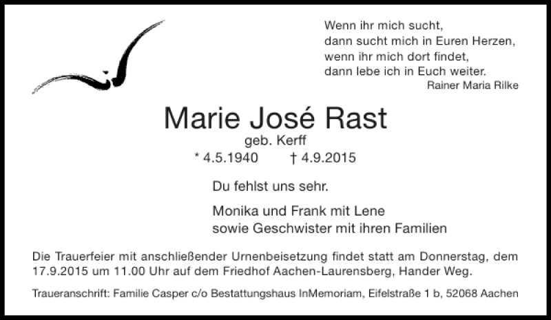  Traueranzeige für Marie José Rast vom 12.09.2015 aus Aachener Zeitung / Aachener Nachrichten