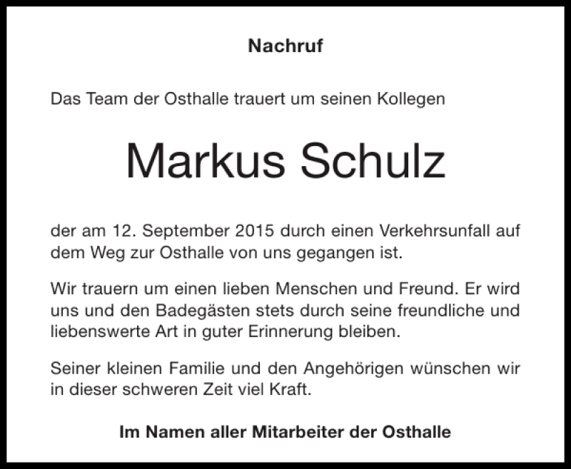  Traueranzeige für Markus Schulz vom 19.09.2015 aus Aachener Zeitung / Aachener Nachrichten