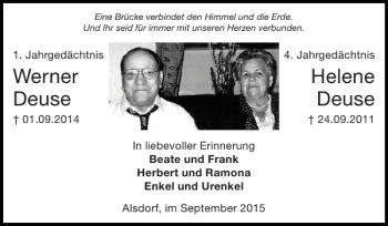 Traueranzeige von Werner Helene Deuse Deuse von Super Sonntag / Super Mittwoch