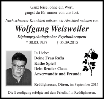 Traueranzeige von Wolfgang Weisweiler von Super Sonntag / Super Mittwoch