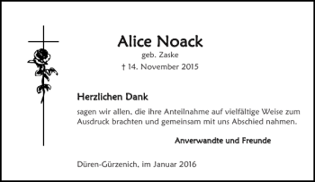 Traueranzeige von Ali Alice Noack ce Noack von Aachener Zeitung / Aachener Nachrichten