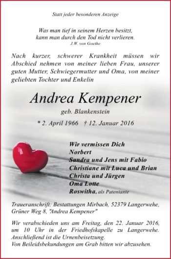 Traueranzeige von Andrea Kempener von Super Sonntag / Super Mittwoch