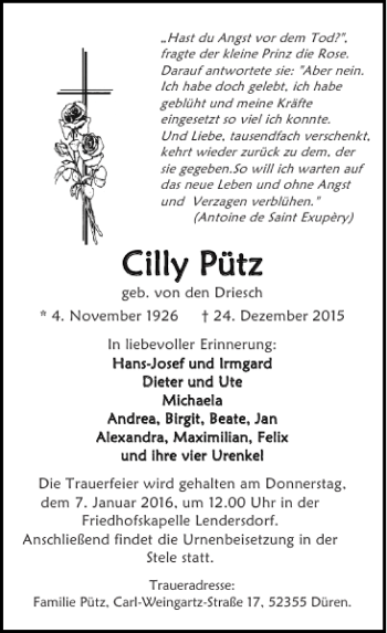 Traueranzeige von Cilly Cilly Pü Pütz tz von Super Sonntag / Super Mittwoch