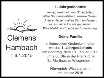 Traueranzeige von Clemens Hambach von Super Sonntag / Super Mittwoch