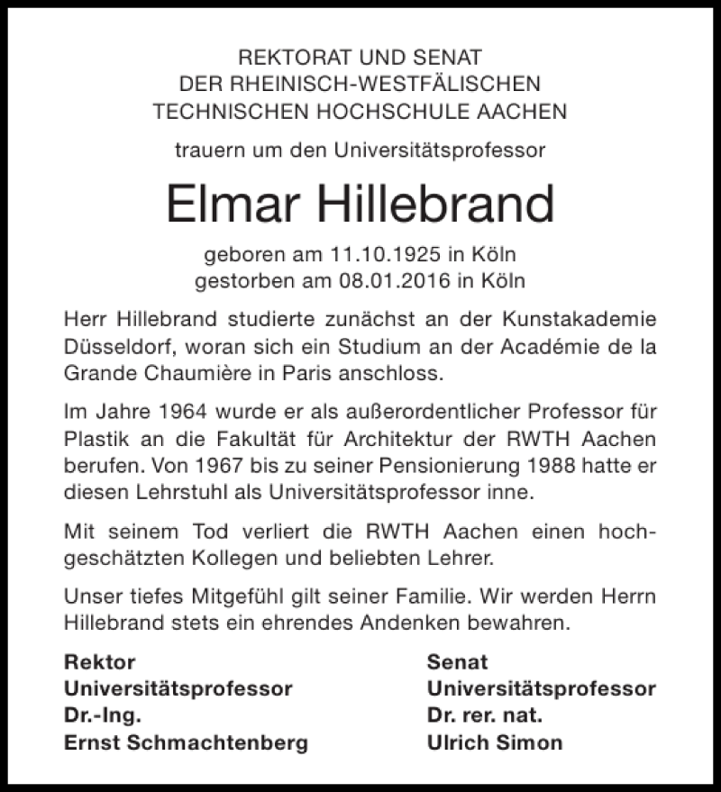 Traueranzeigen von Elmar Hillebrand Aachen gedenkt