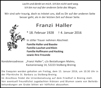Traueranzeige von Franzi Haller von Super Sonntag / Super Mittwoch