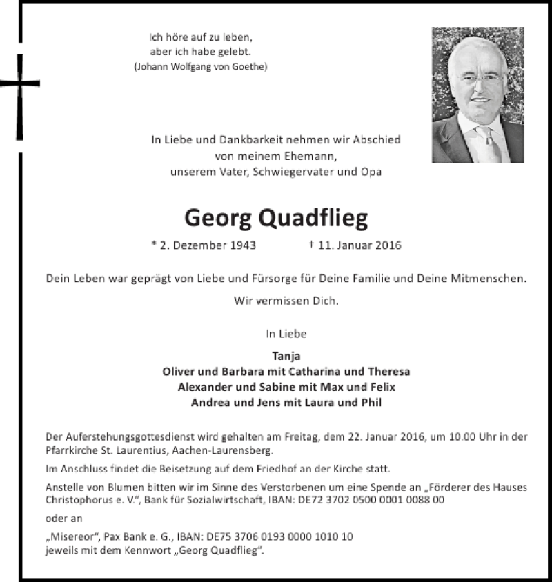 Traueranzeige für Georg Quadflieg vom 16.01.2016 aus Aachener Zeitung / Aachener Nachrichten