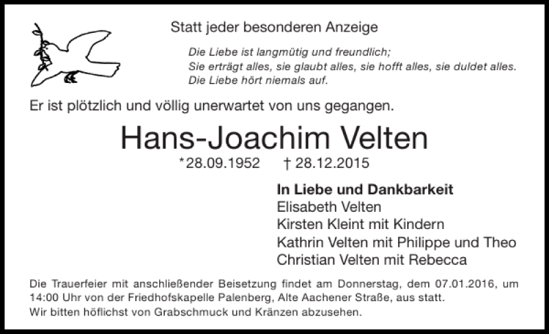  Traueranzeige für Hans-Joachim Velten vom 06.01.2016 aus Super Sonntag / Super Mittwoch