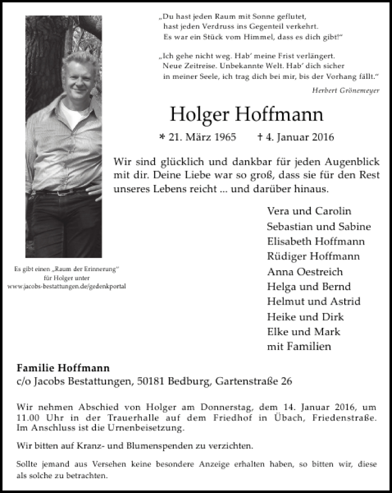  Traueranzeige für Holger Hoffmann vom 10.01.2016 aus Super Sonntag / Super Mittwoch